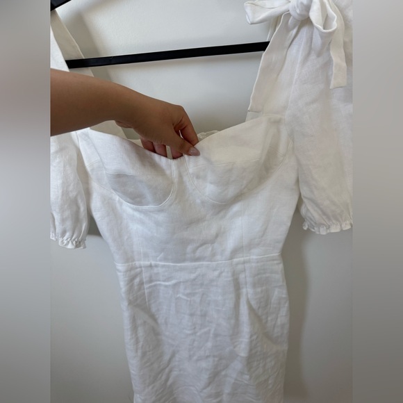 Reformation White Linen Puff Sleeve Mini Dress Size 6 Tie Shoulder Bustier $248 - Picture 2 of 8